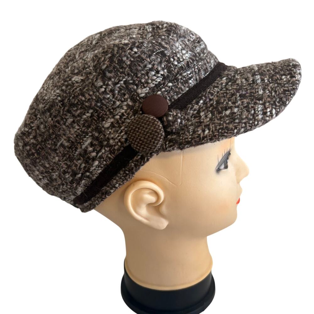 Scala Pronto Tweed Marled Cotton Knit Newsboy Baseball Cap Hat Embellished Retro